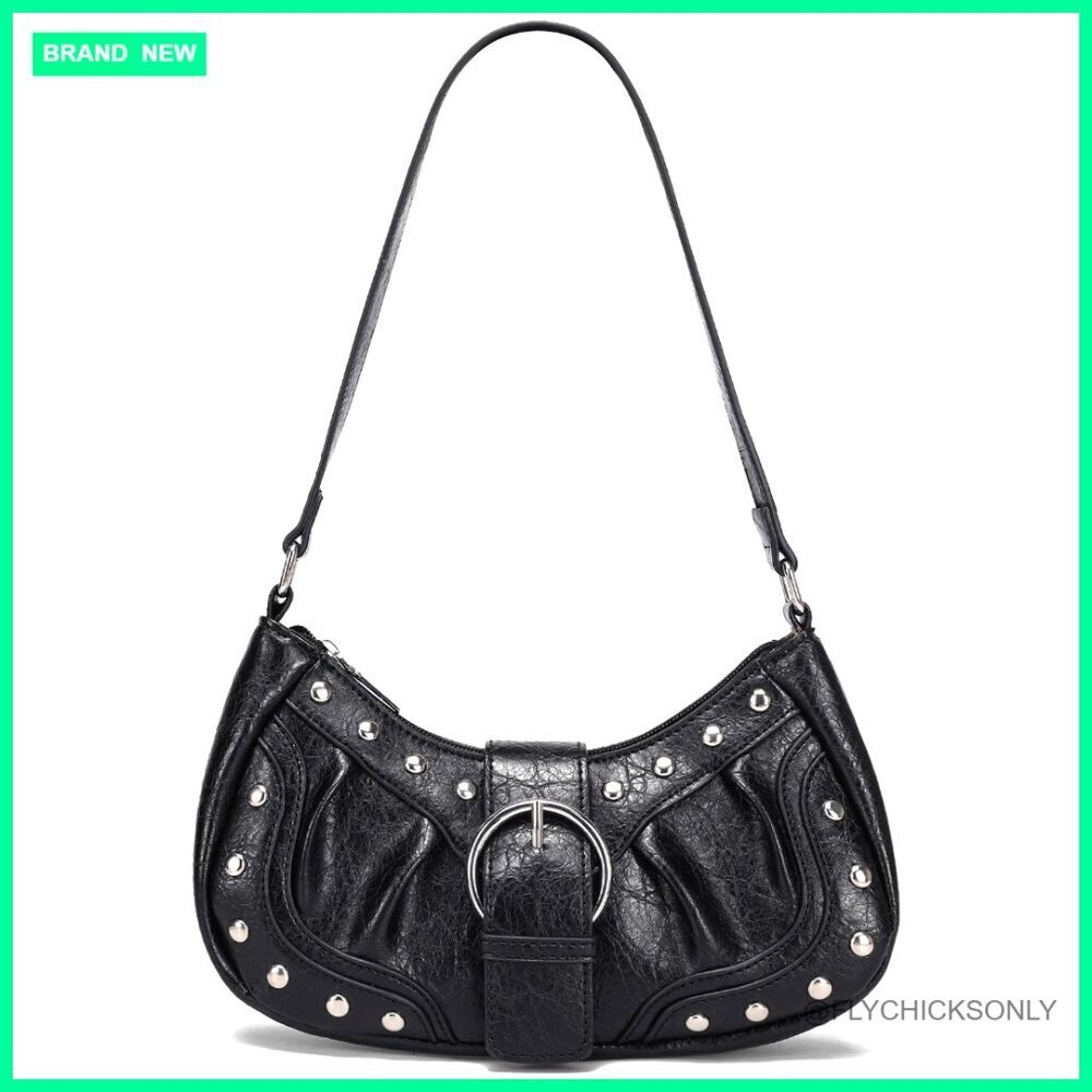 Small Vegan Leather Shoulder Bag with Rivets Y2K Punk Style Handbag